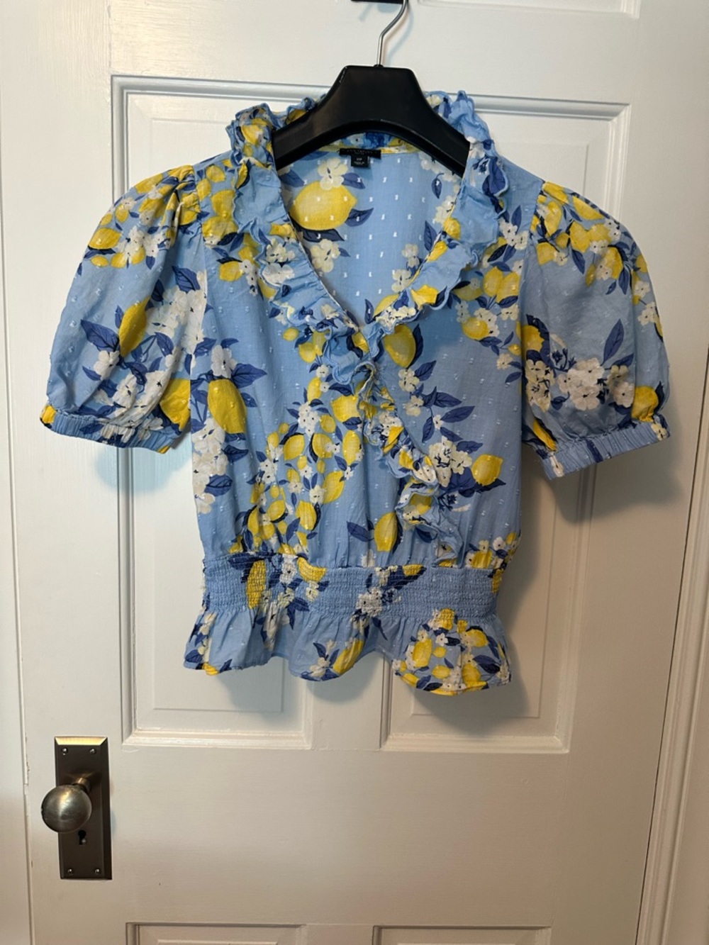 Ann Taylor Petite Blue Lemon Floral Ruffle Peplum Blouse - XSP